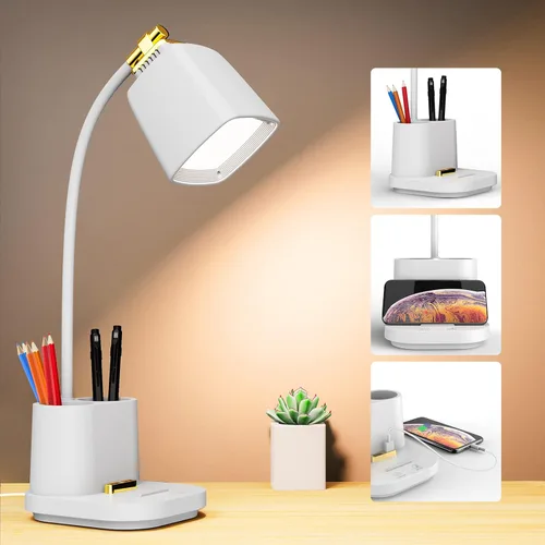 Vista 9 de Lámpara LED de escritorio con puerto de carga USB, control táctil, 3 modos de color, atenuación sin escalones, lámpara de mesa LED para cuidar
