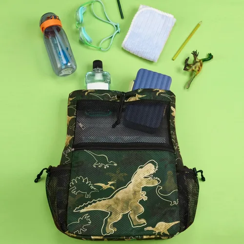 Vista 6 de WAWSAM Mochila con cordón para niños - Bolsa de malla con cordón para niños, Dinosaurio verde oscuro, Dinosaurio