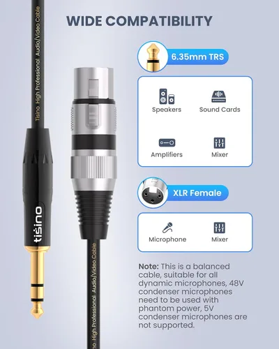 Vista 3 de Tisino Cable de micrófono de XLR hembra a TRS de 1/4'', conector estéreo de 6.35mm a XLR hembra de 3 pines cable de interconexión balanceado - 3.3FT