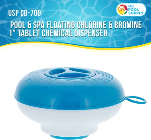 Vista 2 de U.S. Pool Supply Dispensador de tabletas químicas flotante para piscina y spa de 1 pulgada, dispensador de cloro y bromo, flotador plegable de 5