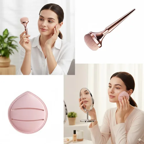 Vista 7 de Juego de brochas de maquillaje profesional, base esponjosa grande y pinceles de rubor con esponja para soplo de polvo