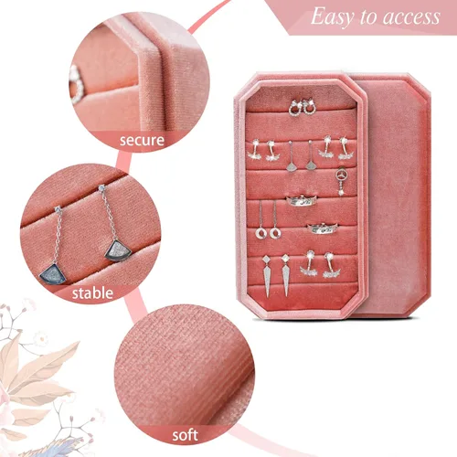 Vista 3 de HCJEBX Portable Velvet Jewelry Box Organizers Multifunction Jewelry Holder Earring Holder Travel Jewelry Box Suitable Gift For Women Or Girls (Pink)