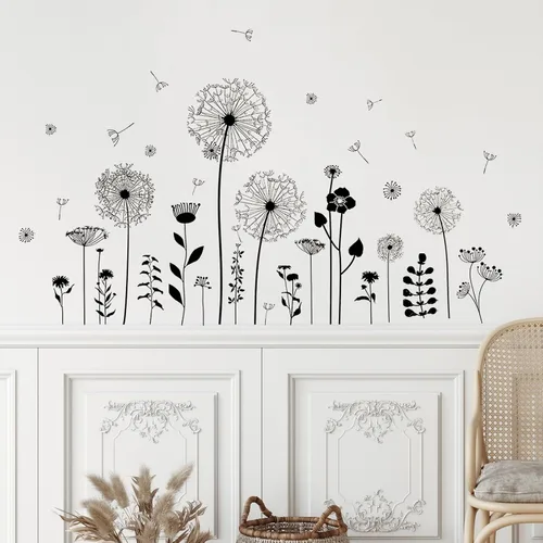Vista 5 de Supzone Calcomanías de pared de diente de león negro, atractivas flores voladoras y mariposas, calcomanías de pared autoadhesivas creativas