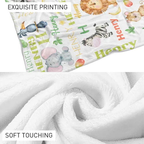 Vista 5 de KAINSY Manta personalizada de animales para niños y niñas, safari en la selva, manta con nombre personalizado para cama de cuarto de bebé