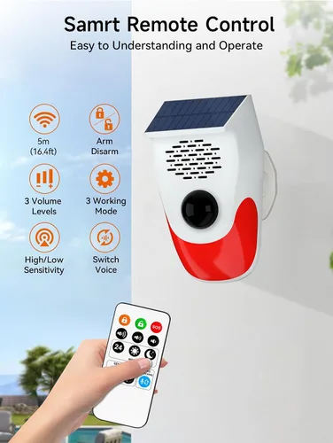 Vista 8 de PILSAMAS Alarma solar con sensor de movimiento con carga de voz personalizada: generador de ruido fuerte de 120 dB y luces estroboscópicas, control