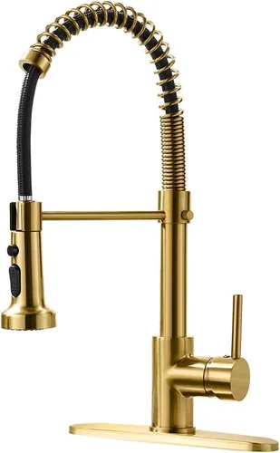 Vista 12 de AIMADI Grifo de cocina negro mate, grifo de cocina negro y dorado con rociador desplegable, grifos de fregadero comerciales de resorte con una sola