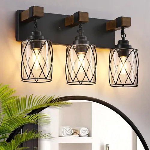 Vista 4 de Accesorios de iluminación de baño estilo granja, lámpara de tocador de 2 luces con pantalla de metal y vidrio, accesorios de iluminación rústicos