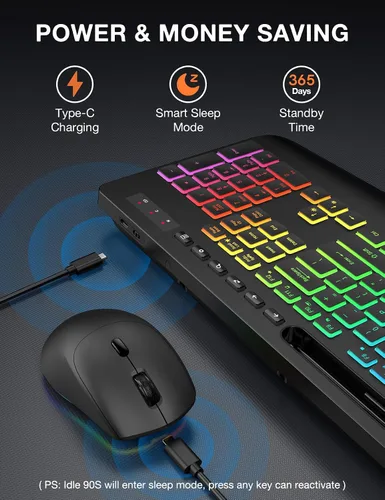 Vista 5 de Combo de teclado y mouse inalámbricos SABLUTE - 9 efectos retroiluminados, 2.4 GHz Ergo Wrist Rest, Phone Holder, Full Size, Rechargeable, Sleep