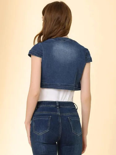 Vista 5 de Allegra K Chaqueta de mezclilla corta para mujer, cárdigan de mezclilla casual, manga casquillo, trajes de verano, chaqueta de mezclilla