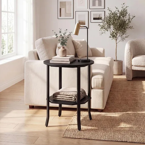 Vista 4 de Tangkula 2-Tier Round Side End Table, Small Nightstand with Storage Shelf, Industrial Modern Bedside & Sofa Side Table for Small Space, Bedroom
