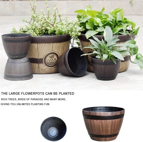 Vista 4 de Maceta de madera retro, maceta de barril de resina de estilo rústico para exteriores,Jardineras de barril de medio barril gris