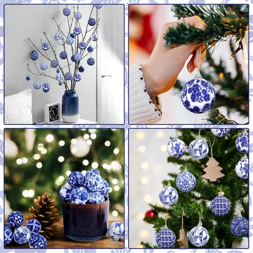 Vista 5 de Preboun 48 Piezas Adornos de Bolas Navideñas Chinoiserie Azul y Blanco Decoración de Árbol Chinoiserie Adornos Colgantes para Árbol de Navidad