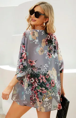 Vista 5 de Cárdigan tipo kimono para mujer, de manga abombada con estampado floral, casual