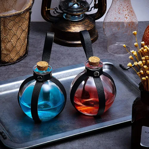Vista 3 de Patelai 2 botellas de poción de vidrio de Halloween con cinturón, corcho, accesorios de disfraz de bruja renacentista, botella de poción