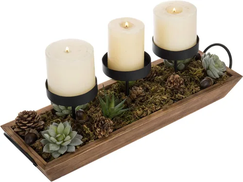 Vista 3 de MyGift Soporte para velas de metal negro de 3 pilares con bandeja de madera rústica y asas, pieza central para mesa/chimenea