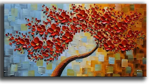 Vista 14 de YaSheng Art - Pintura al óleo de arte contemporánea hecha a mano de flores blancas en lienzo con textura 3D, pinturas de árbol abstractas