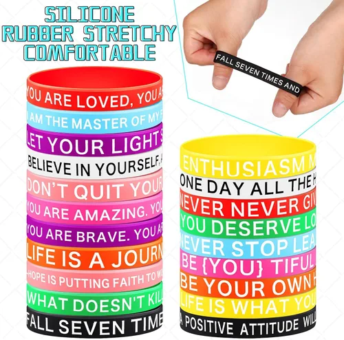 Vista 3 de 100 pulseras de silicona con cita motivacional, pulseras de goma inspiradoras de colores, pulseras elásticas unisex para mujeres, hombres, niños