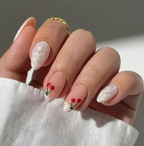 Vista 10 de Uñas postizas cortas en forma de almendra SWEKKE con punta francesa, uñas falsas con diseños de flores 3D en amarillo y rosa, uñas adhesivas