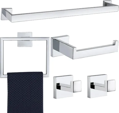 Vista 8 de Juego de 5 piezas de accesorios de ferretería para baño en negro mate, juego de toalleros cuadrados de 16 pulgadas para baño, juego de barras