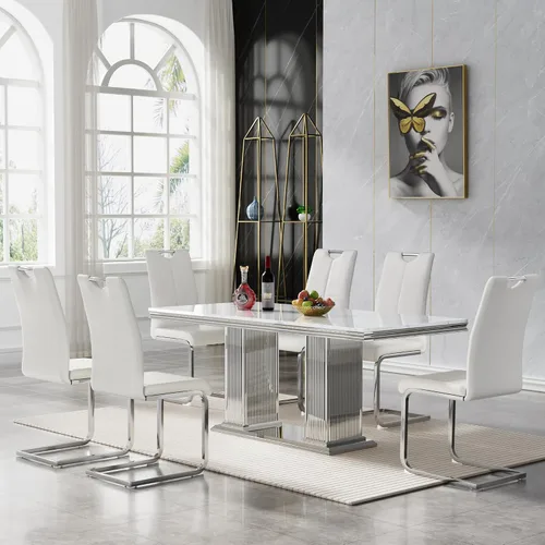 Vista 51 de 5 Piece Black Marble Dining Table Set for 4, Modern Faux Marble Kitchen Dining Room Tables with 4 Leather Chairs Set, 68.11" Luxury Rectangular