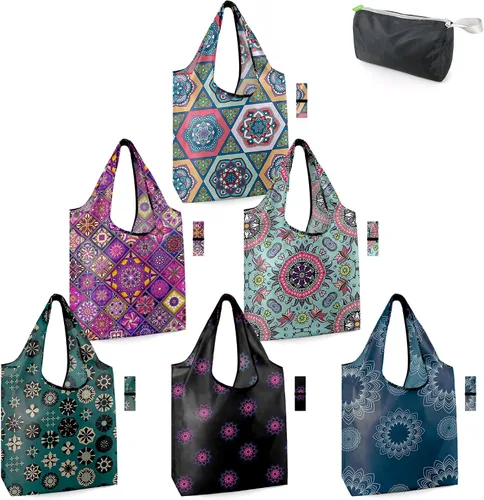 Vista 64 de BeeGreen Bolsas de comestibles reutilizables de Navidad con bolsa de almacenamiento con cremallera, paquete de 10 bolsas de compras reutilizables a