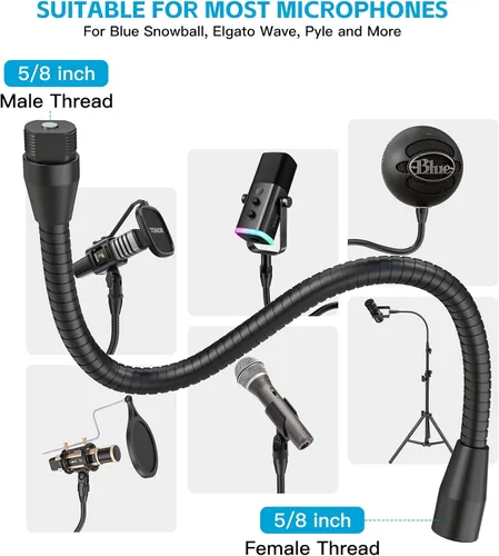 Vista 4 de ZealSound Brazo de manguera de metal multifuncional, cuello de cisne de micrófono de 13 pulgadas, extensión de soporte para soporte de piso