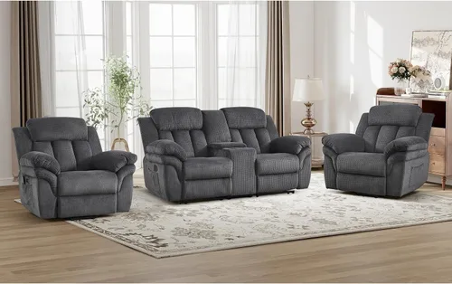 Vista 10 de CANMOV Juego de sofá reclinable, sofá biplaza reclinable manual y sofá de 3 plazas con reposabrazos sobrerelleno para sala de estar, muebles de Gris