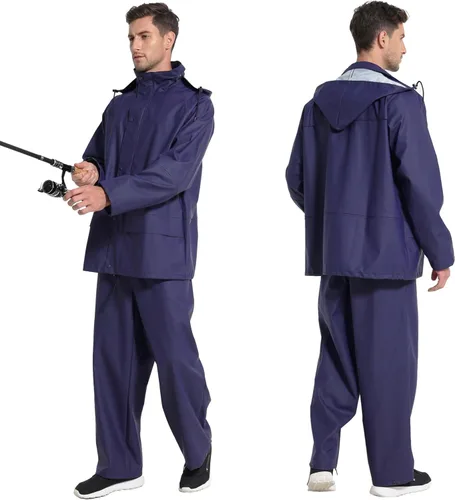 Vista 2 de Men's Pro Workwear Rain Suit 3-Piece Waterproof Jacket with Zip Hood & Bib Pant Heavy-Duty PU for Industrial & Work