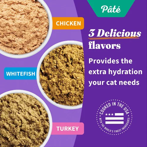 Vista 4 de Halo Paquete variado de comida húmeda para gatos, tres patés húmedos enlatados para gatos, pollo, pavo y pescado blanco, lata de 5.5 onzas