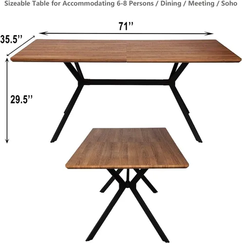 Vista 3 de Mesa de comedor rectangular de 71 pulgadas para 6 y 8 pulgadas, mesa de cocina de madera moderna de mediados de siglo con patas cruzadas de metal