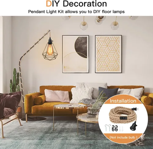 Vista 8 de Kit de luces colgantes de 16.5 pies, luces colgantes con cable de enchufe e interruptor, lámpara colgante de cuerda de cáñamo E26, cable de linterna