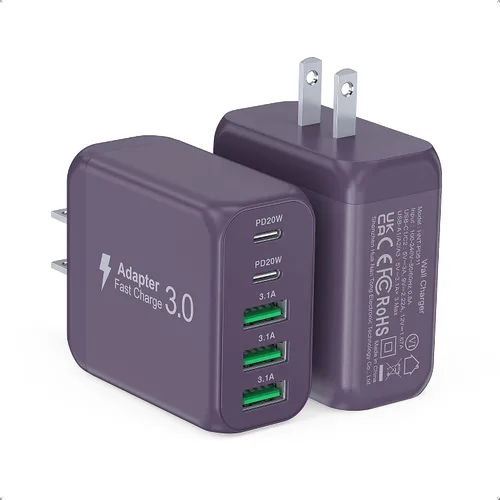 Vista 10 de Paquete de 2 Bloques Cargadores de Pared USB C, 60W Bloque de Carga Rápida C de 5 Puertos Adaptador de Corriente PD + QC 3.0 Cargador Cubo