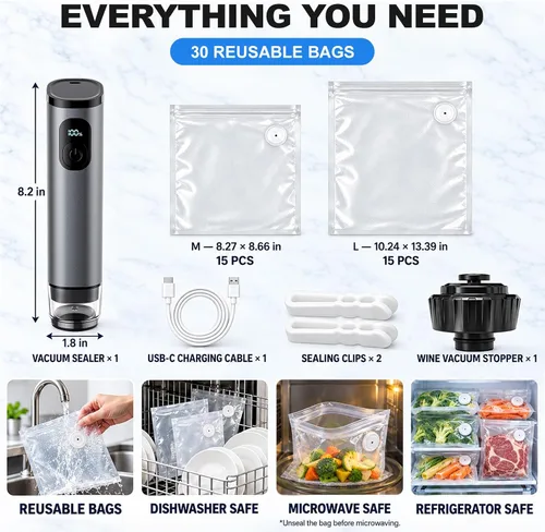 Vista 7 de HOZODO Sellador al vacío de mano de metal para alimentos, 30 bolsas