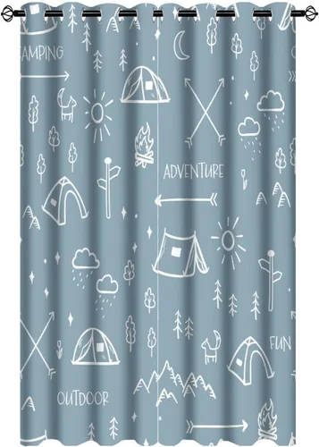 Vista 26 de Cortinas abstractas con estampado de cámper de caricaturas, divertido tema de aventura, campamento, montañas, vida silvestre, oso, tratamiento