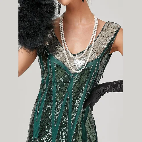 Vista 5 de Vestido vintage de los años 20 con lentejuelas brillantes, flecos, borlas de Gatsby, vestidos de boda, fiesta, cóctel, noche