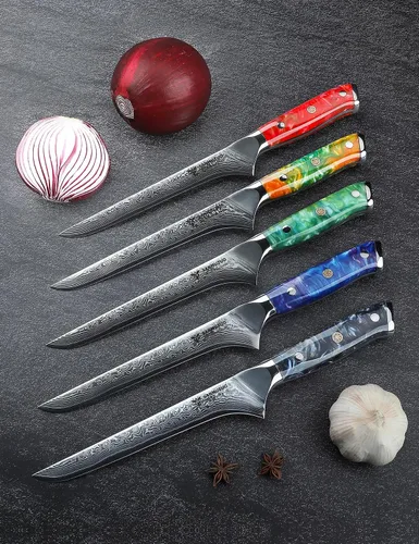 Vista 6 de Cuchillo de filete de 7 pulgadas, VG10 Damasco cuchillo para deshuesar peces con mango de resina - Serie Xuan (naranja fantasía)