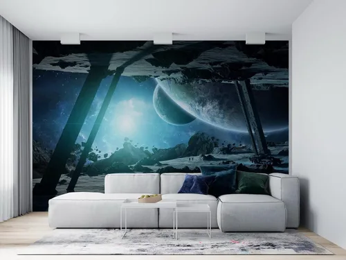 Vista 3 de Niwo ART - Mural de pared Astronauts Explorando Asteroid Spaceship B, Universe Papel tapiz autoadhesivo grande autoadhesivo (64 x 96 pulgadas)