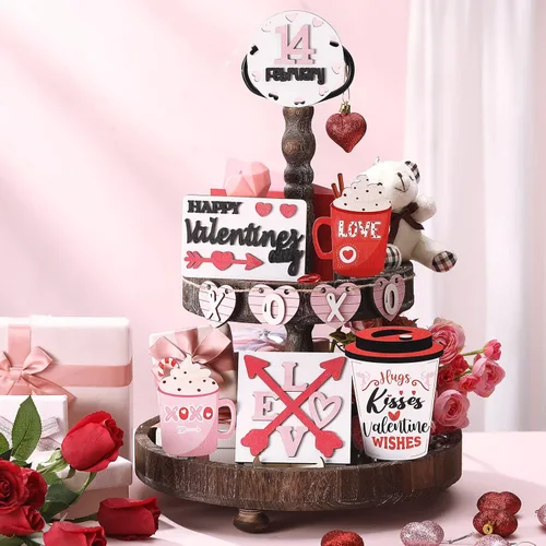 Vista 6 de Patelai Juego de decoración de bandeja escalonada para el día de San Valentín, letreros de madera para mesa de San Valentín, diseño de corazón