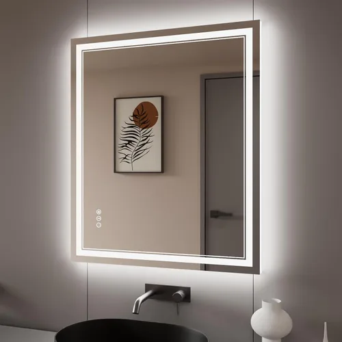 Vista 22 de Espejo de baño LED de 24 x 28 pulgadas, luz frontal y retroiluminada, antiniebla, regulable, espejo de tocador iluminado con memoria, espejo LED