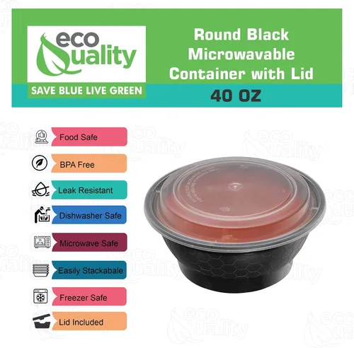 Vista 2 de Recipientes de preparación de comidas redondas de 40 onzas con tapas, caja Bento desechable para almacenamiento de alimentos, apto para microondas