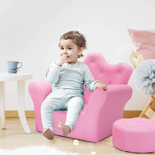 Vista 6 de Sofá para niños de Costzon, sofá tapizado para niños con otomano, sofá de princesa con decoración de diamantes, otomano, silla para niños de PVC