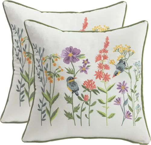 Vista 16 de Fundas de almohada bordadas de 16 x 16 pulgadas, paquete de 2 Aves y flores