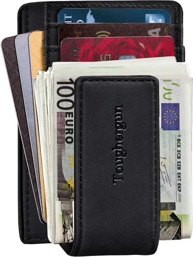 Vista 3 de Cartera minimalista Toughergun para hombres con clip de dinero magnético, cartera de cuero, tarjetero de crédito con bloqueo RFID Negro