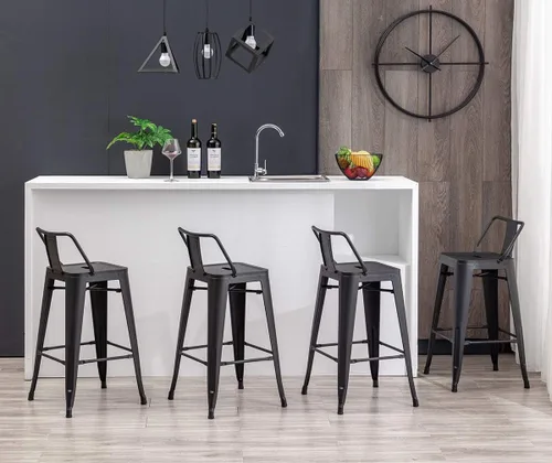 Vista 7 de [Juego de 4] Taburete metálico apilable industrial moderno para interior/exterior 17 pulgadas, Metal Negro