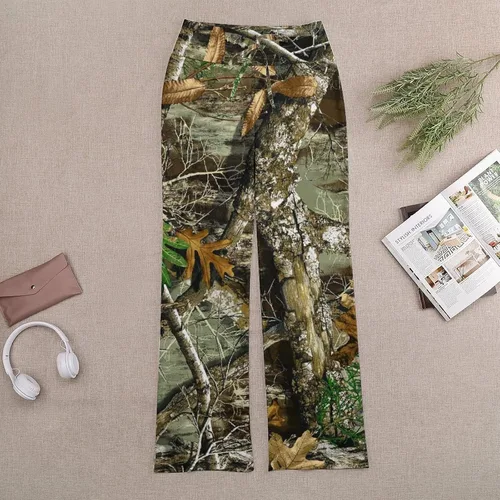 Vista 2 de Bagea-Ka Otoño Caza Árbol Camo Patrón Mujeres Yoga Pantalones Rectos Pantalones de Pierna Ancha Cordón Casual Pantalones de Deporte Flojo