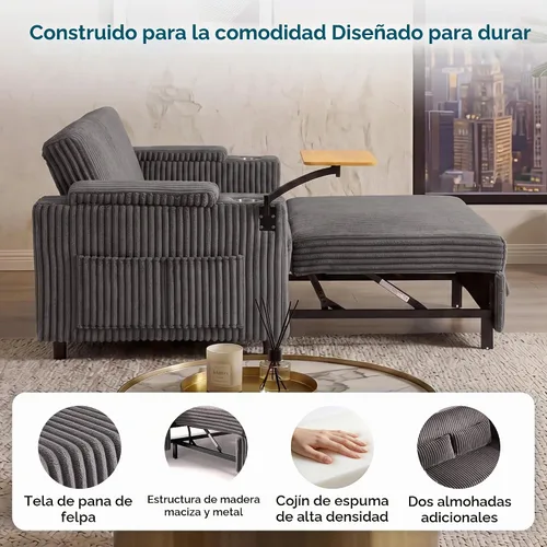 Vista 6 de LINSY HOME Sofá cama extraíble 3 en 1, sofá cama convertible de 58 pulgadas para sala de estar, mesa giratoria de 360°, reposabrazos de Gris