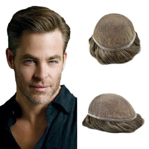 Vista 21 de Toupee para hombres Piezas de cabello humano real, encaje francés completo para hombres, pieza de cabello, nudos blanqueados, línea capilar natural