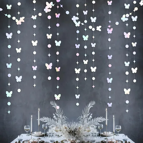 Vista 3 de Guirnalda de mariposas iridiscentes blancas de 40 pies, papel holográfico blanco para colgar, lunares, estrellas, mariposas, serpentina, pancarta