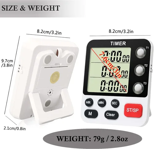 Vista 2 de QINFIEY Temporizador digital de cocina de 3 canales múltiples con cronómetro grande de cuenta LCD hacia arriba y apagado temporizador para enseñar