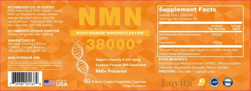 Vista 7 de Lovita NMN 38000+, suplemento NMN con resveratrol, mononucleótido de nicotinamida de 635 mg por cápsula, alta absorción y forma estabilizada, pureza